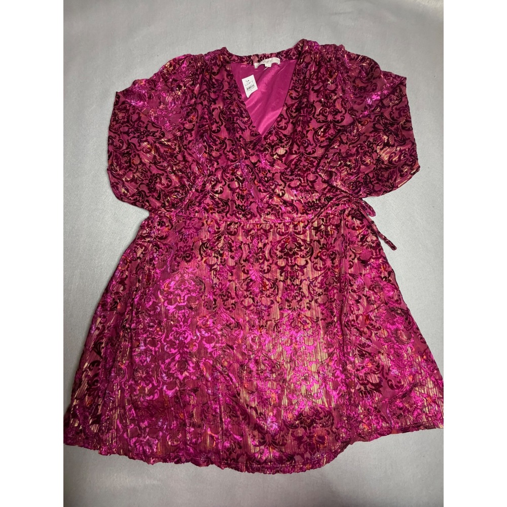 Loft Magenta Velvet Burnout Metallic Wrap Dress Pink Gold Size 16 NWT